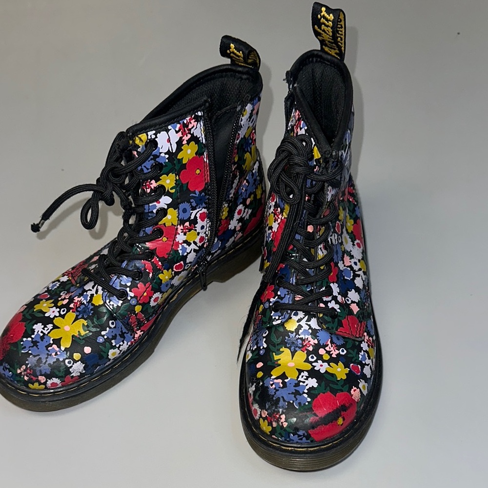 Dr. Martens Black and Red Floral Combat Boots